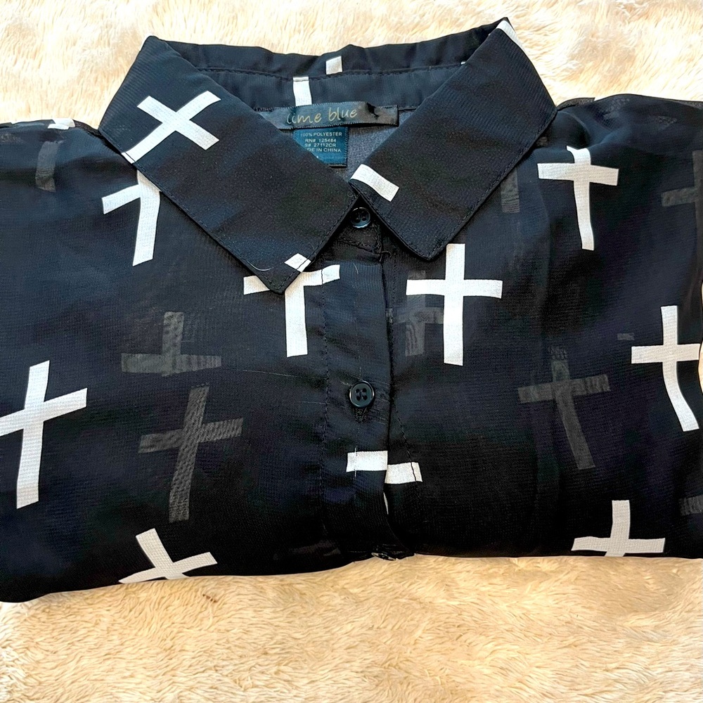 Women’s Lime Blue † Black Chiffon Cross Long Sleeve Sheer Blouse Size Large